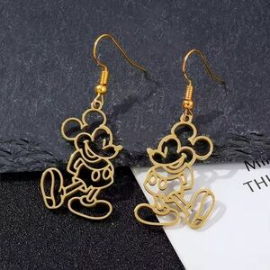 18K Gold Disney Mickey Mouse Theme Outline Silhouette Drop Hook Dangle Earrings